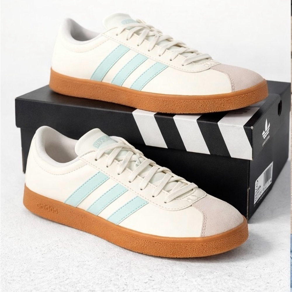 Adidas VL Court Base Sneakers Women’s Size 9 Cream Mint Gum Sole NIB